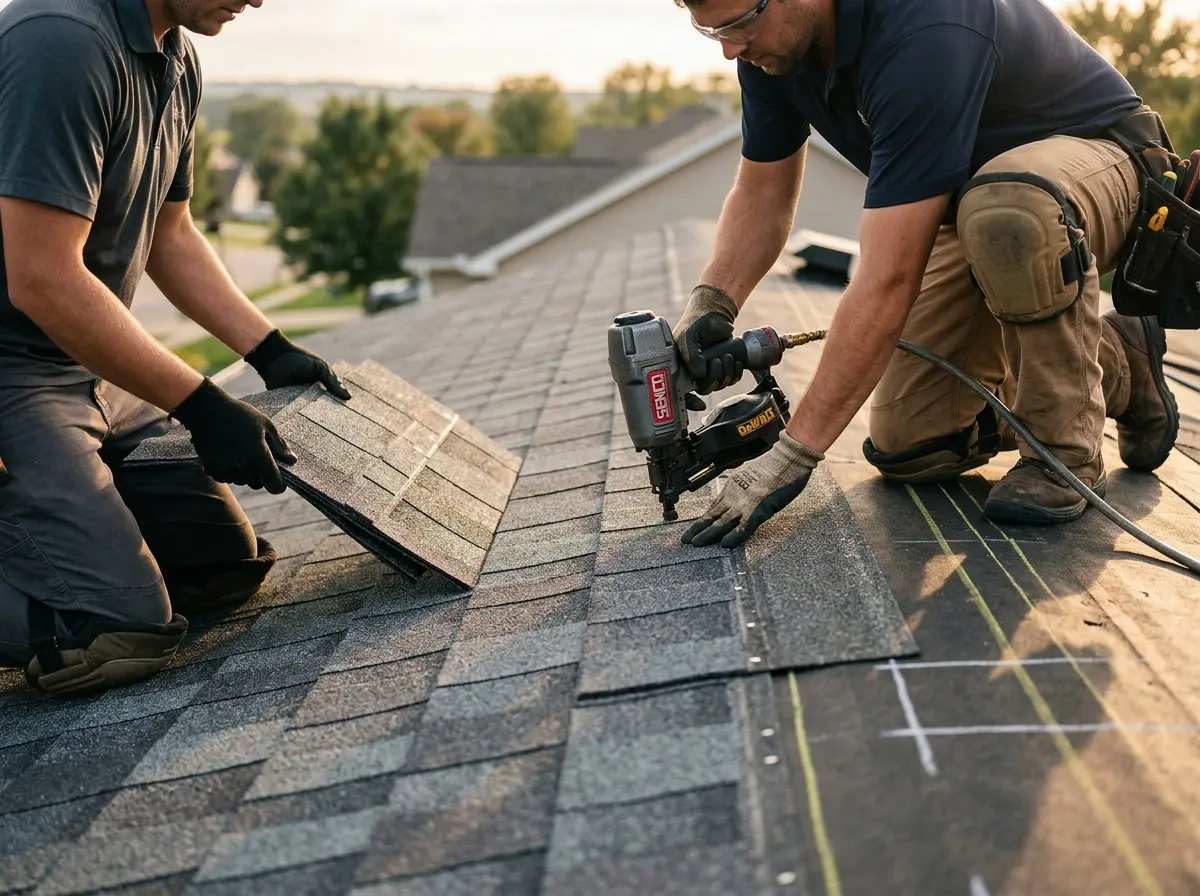 Professional roofer working on a residential roof in Salem